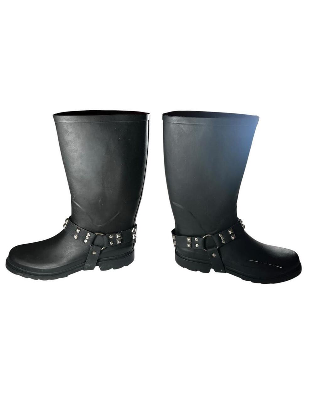 Henry Ferrera Black Studded Goth Moto Knee High Rain Boots